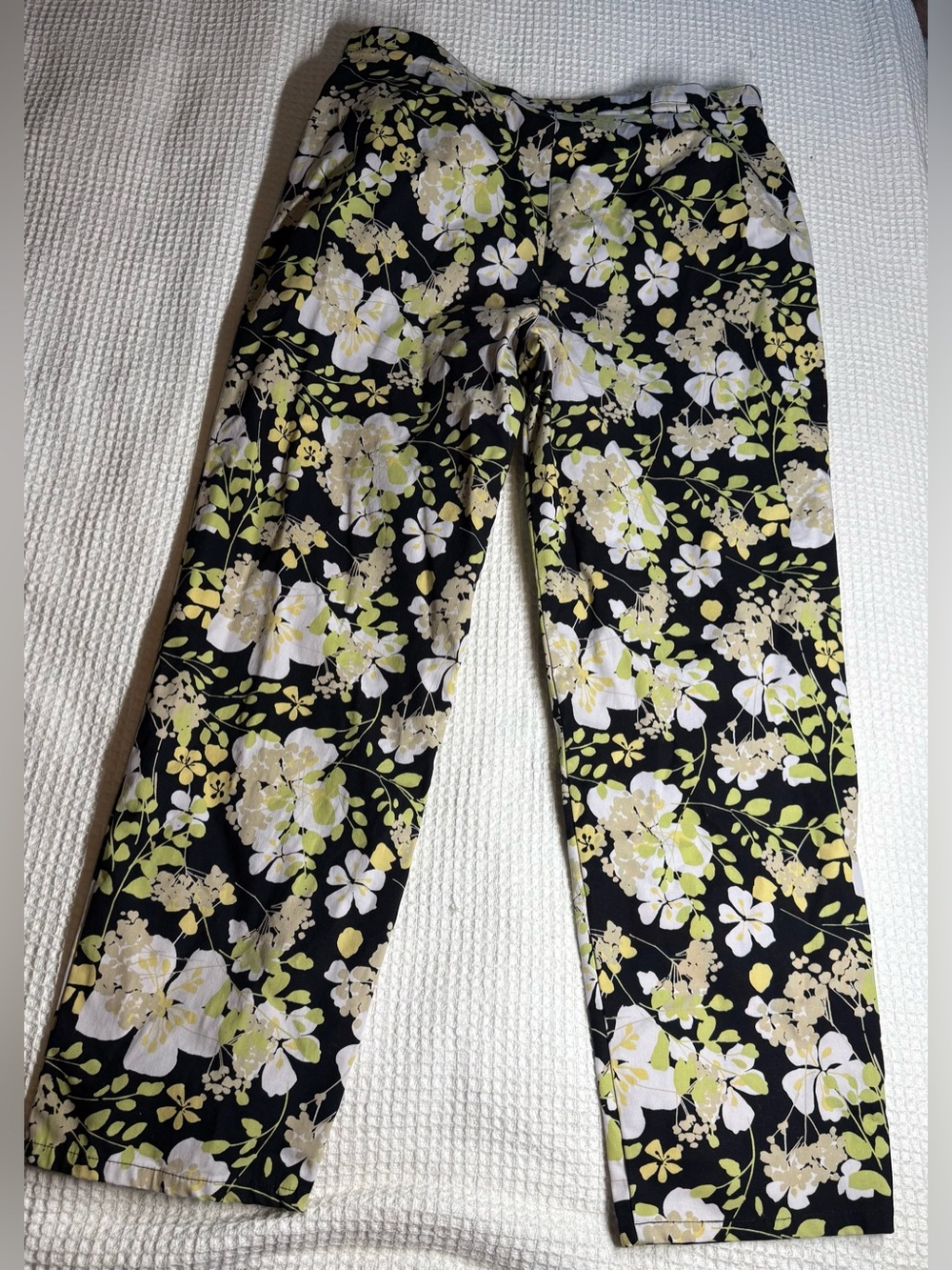 Susan Bristol Vintage Black Floral Stretch Pants with Yellow-Green Accents